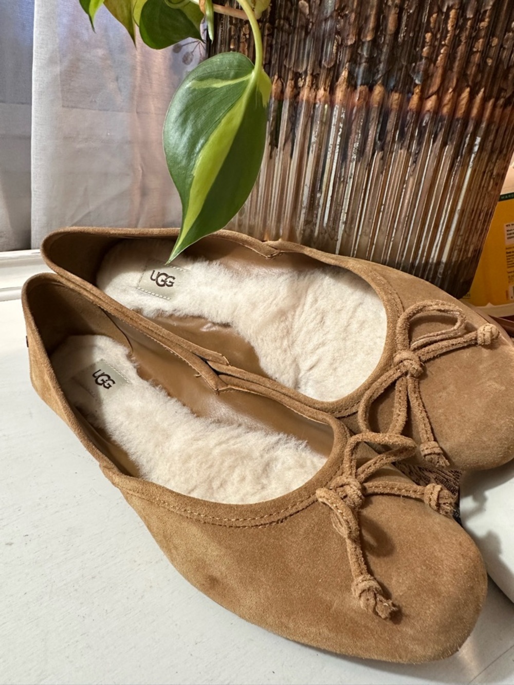 UGG Chestnut Suede Shearling Ballet Flats with Bow - Picture 11 of 11